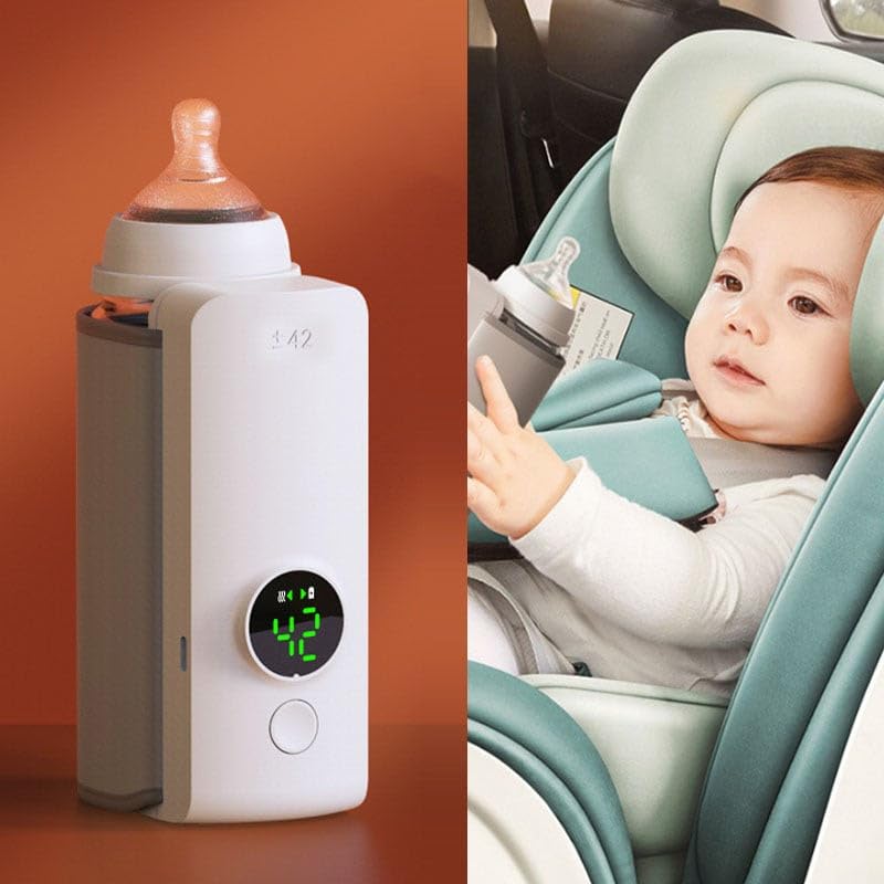 White portable USB baby bottle warmer with digital display, shown heating a bottle and with a baby in a car seat.