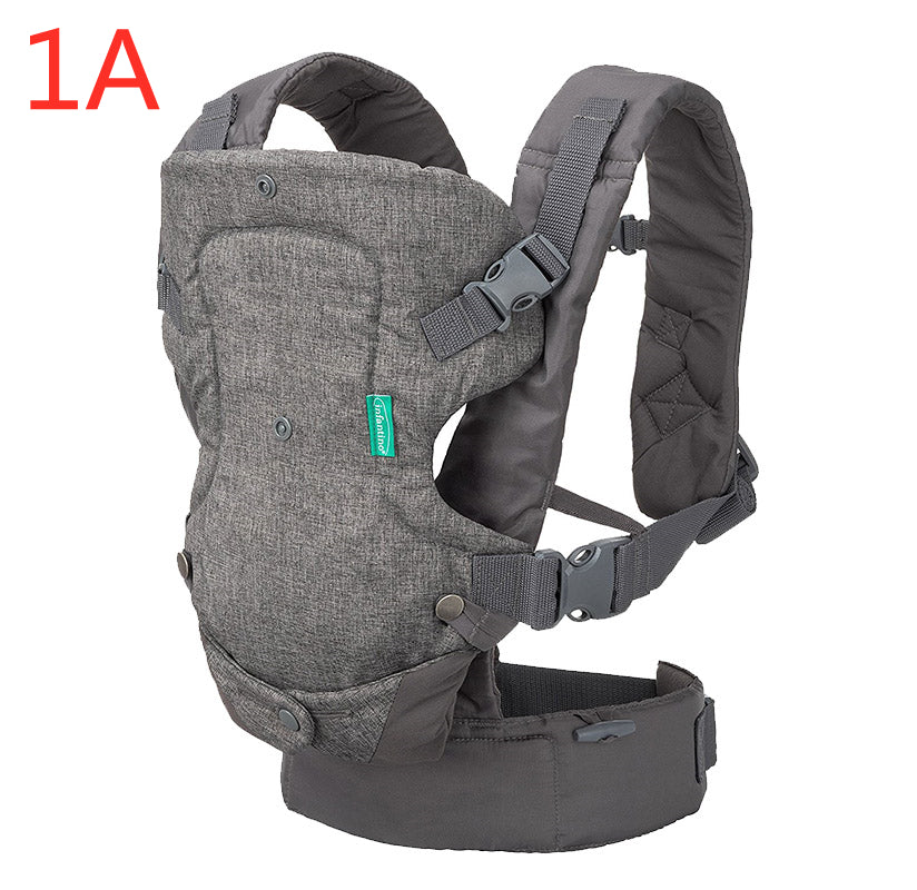 Gray ergonomic baby carrier with adjustable straps and breathable fabric.