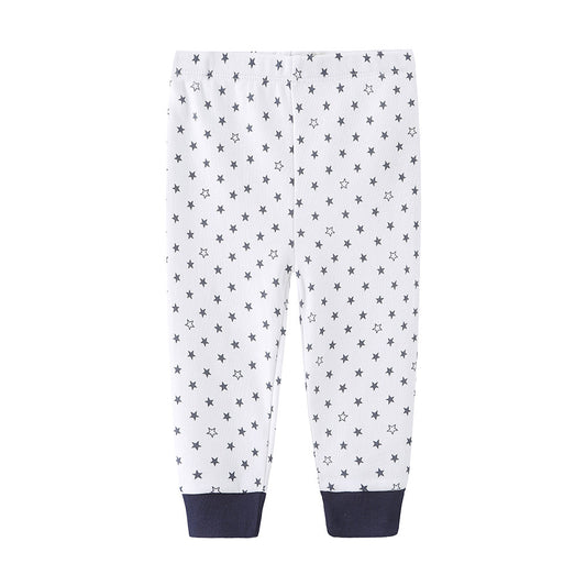 White cotton baby pants with gray star print and navy cuffs.