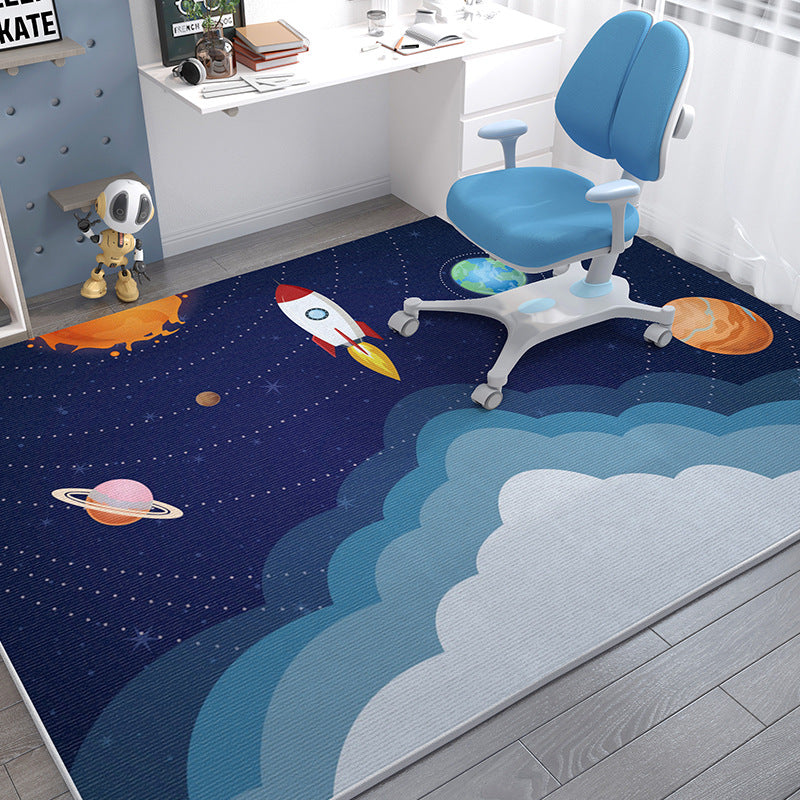 Soft crystal velvet kids' rug with a blue space theme, cartoon planets, and a rocket.