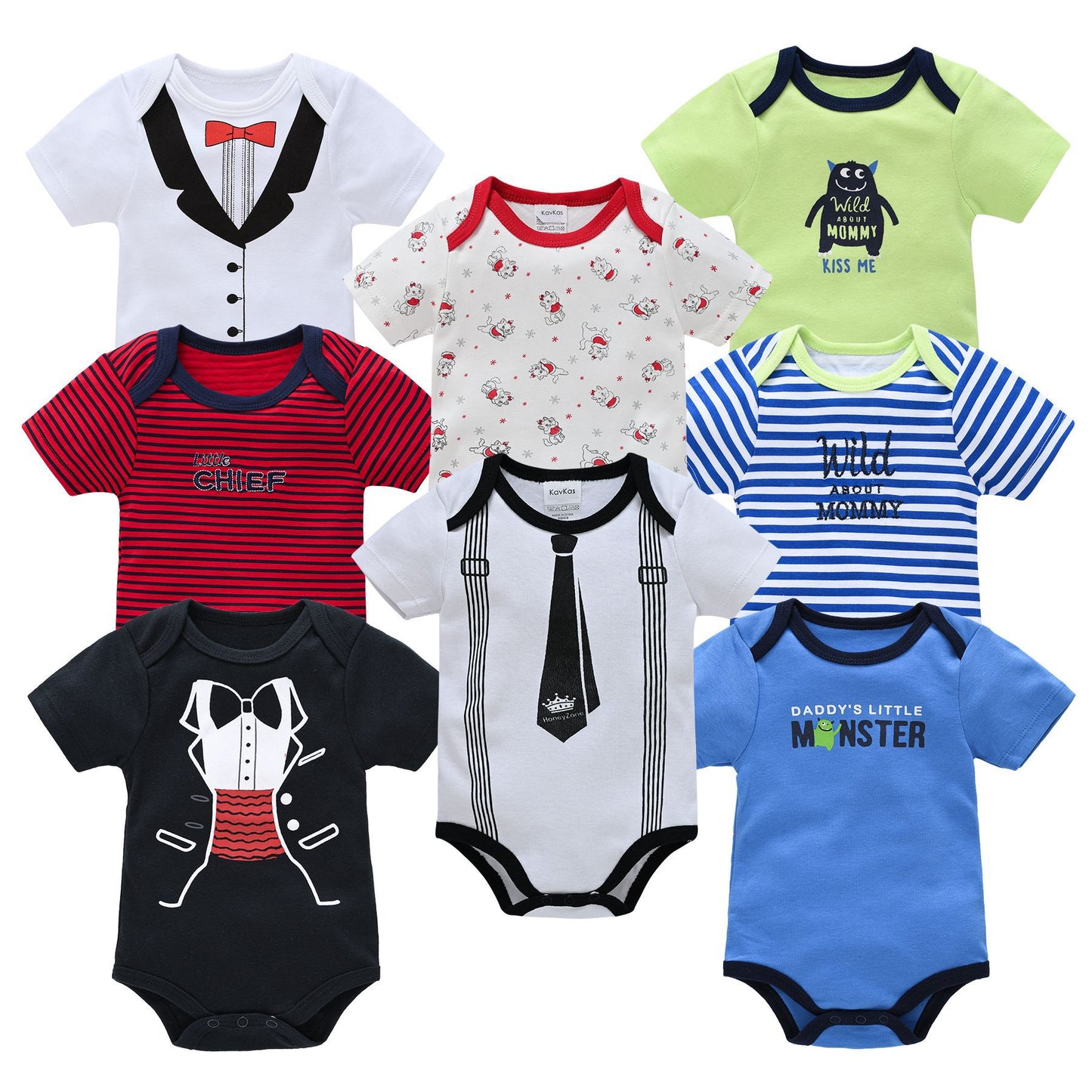 Assorted baby short-sleeve cotton rompers with fun tuxedo, monster, and striped designs.