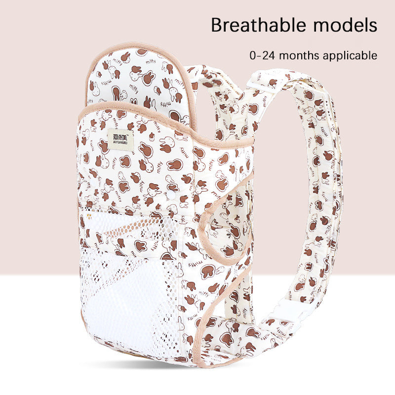White ergonomic baby carrier with brown Miffy bunny print, breathable mesh, and padded straps.