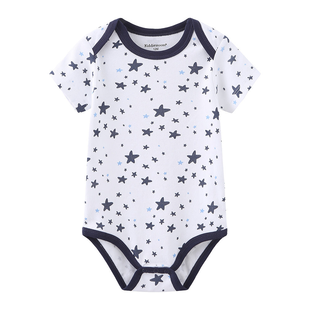 White cotton baby short-sleeve romper with navy trim and blue star print, ideal for 0-12 months.