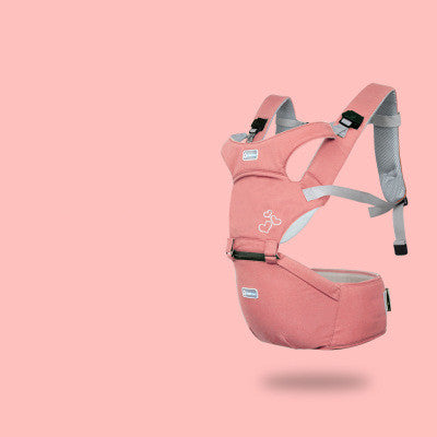 Ergonomic pink baby carrier with supportive waist seat, grey straps, and breathable mesh.