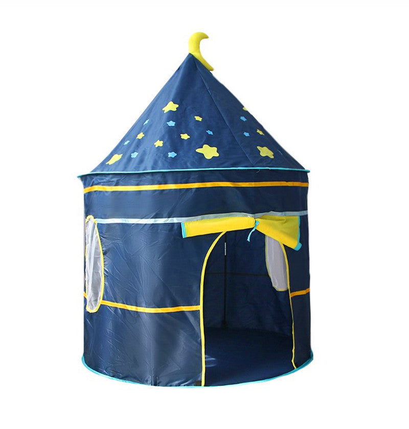 Navy blue polyester children's play tent with yellow stars, moon, and castle design.
