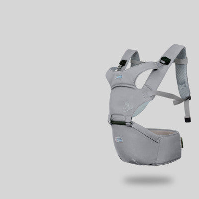 Gray ergonomic baby carrier with supportive waist seat and adjustable straps.