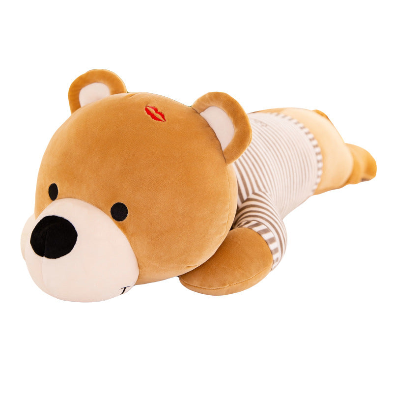 Soft brown plush lying teddy bear with a striped shirt and red kiss mark, 60cm.