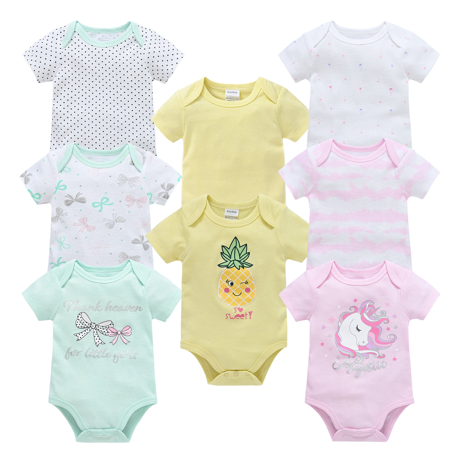 Set of 8 short-sleeve baby cotton rompers in white, yellow, mint, and pink with various prints.
