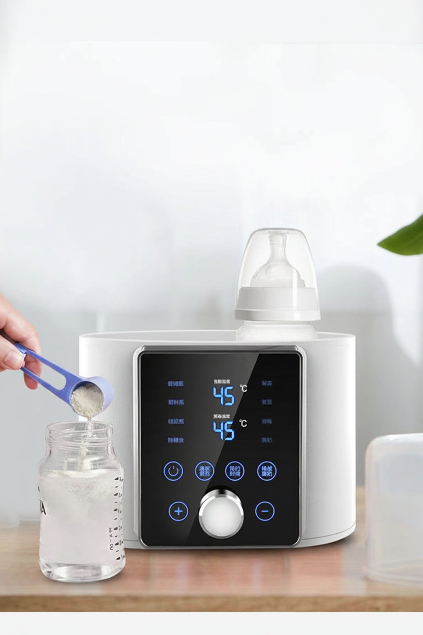 White smart baby bottle warmer with digital display, preparing formula.