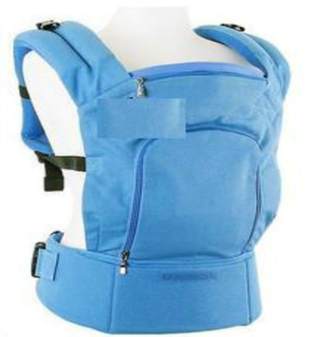 Blue ergonomic breathable baby carrier with padded straps and front pocket.