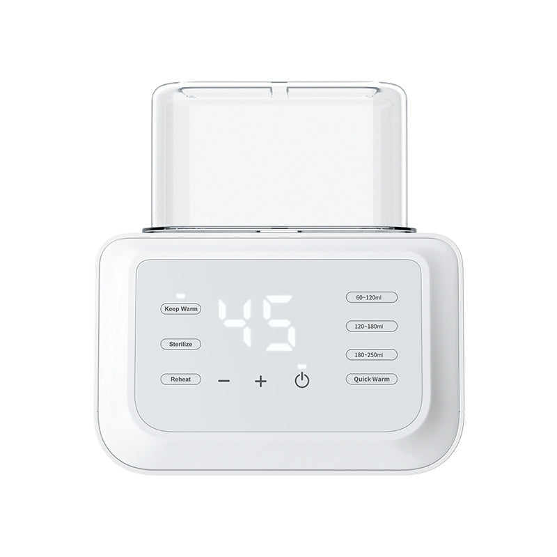 White automatic dual baby bottle warmer with digital display, "Keep Warm," "Sterilize," and "Reheat" functions.