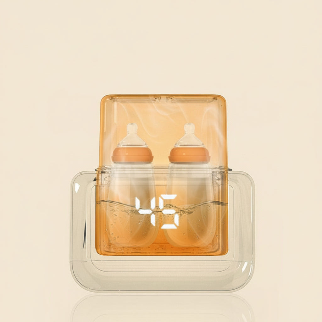 Automatic double baby bottle warmer in clear and orange plastic, heating two bottles simultaneously.