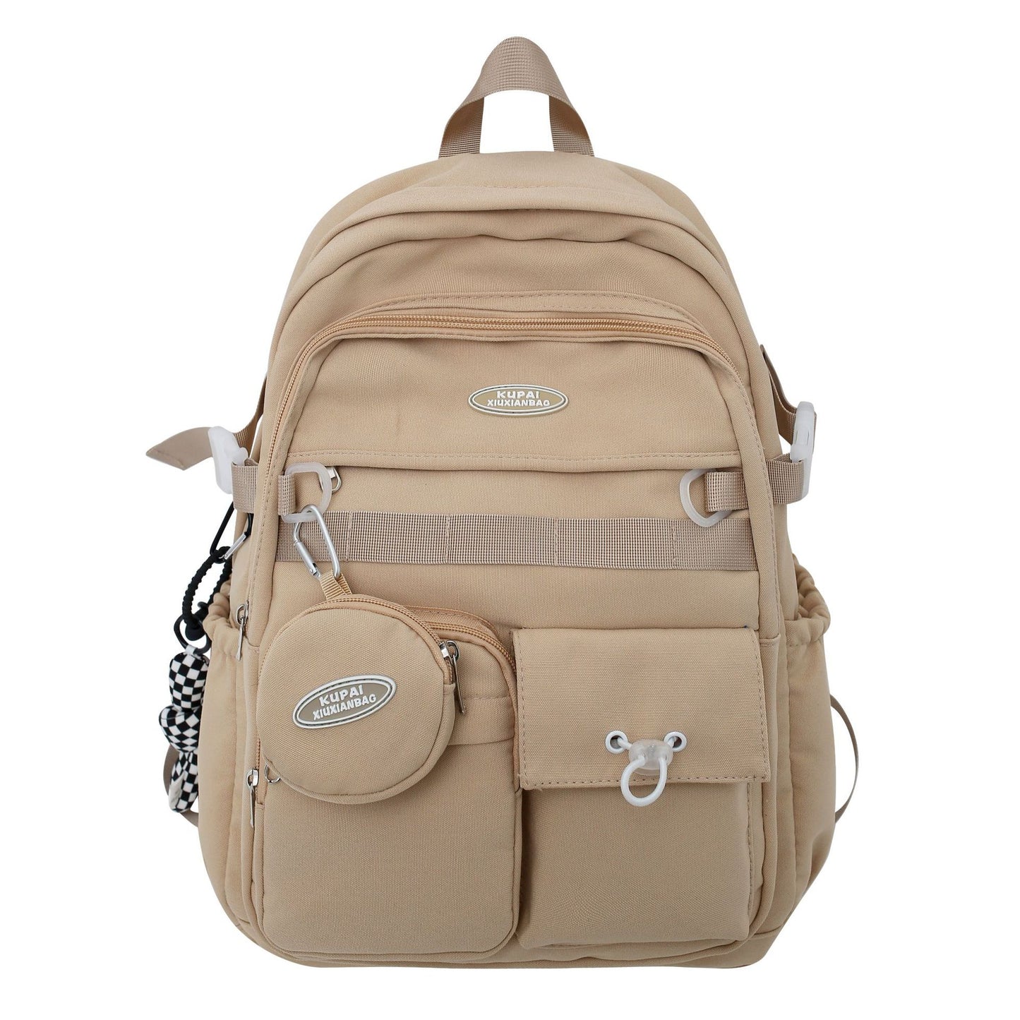 Beige nylon student backpack with laptop compartment, multiple pockets, and a small detachable pouch.