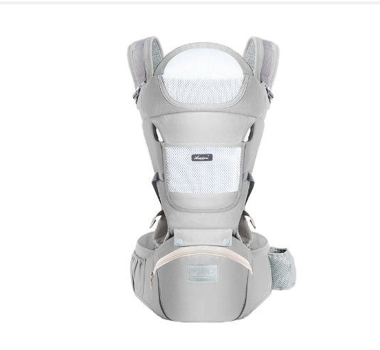 Gray multi-functional baby carrier with hip seat, breathable mesh, and padded straps for all seasons.