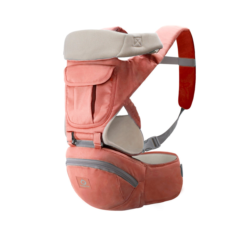 Ergonomic coral baby carrier with breathable hip seat, padded straps, and storage pockets.