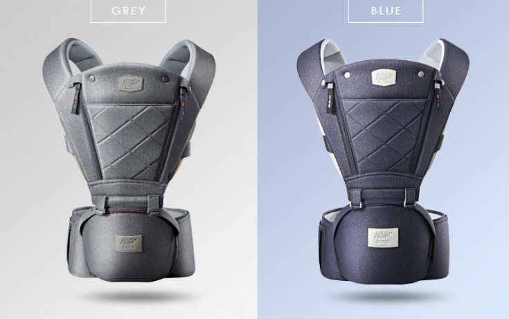 Ergonomic hip seat baby carrier in breathable grey and blue fabric with quilted design.