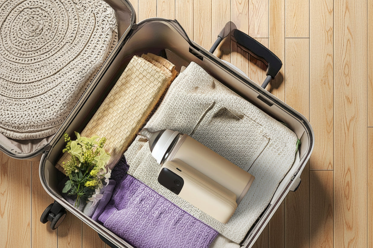 Portable beige baby bottle warmer with an 8000mAh battery, packed in a suitcase for travel.