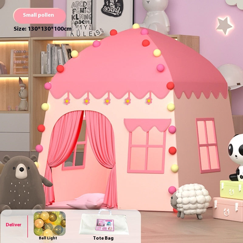 Pink castle play tent for kids with LED lights, featuring a door, windows, and colorful pom-poms.