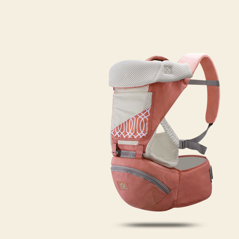 Ergonomic peach baby carrier with breathable mesh, hip seat, and patterned front pocket.