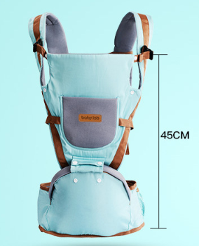 Ergonomic baby carrier in light blue and brown with a hip seat, front pocket, and adjustable straps.