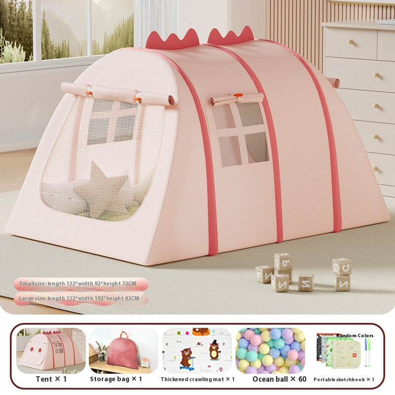 Pink fabric play tent for kids with mesh windows, dinosaur spikes, and red trim.