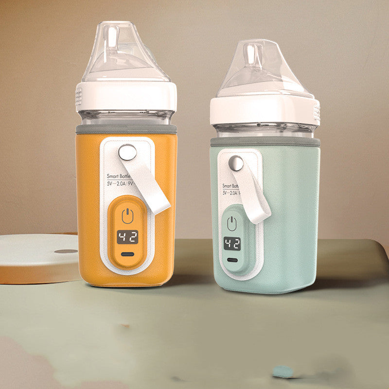 Two portable USB bottle warmers in orange and mint green, with digital displays showing "42".