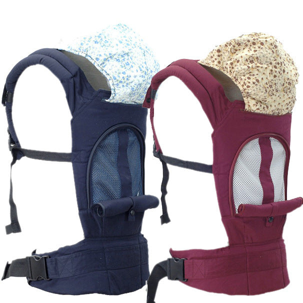 Ergonomic baby carriers in navy and burgundy with breathable mesh and floral sun hoods.