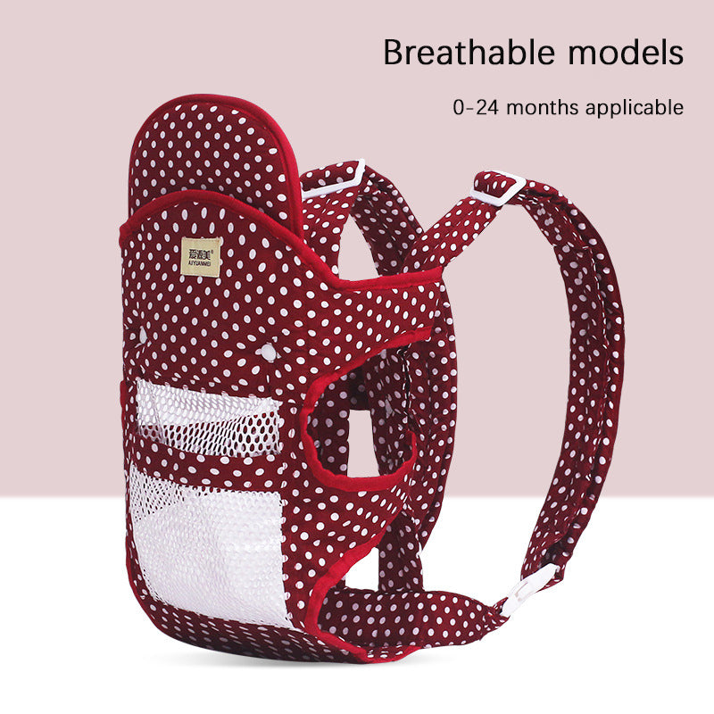 Red polka dot breathable ergonomic baby carrier with mesh pockets for 0-24 months.
