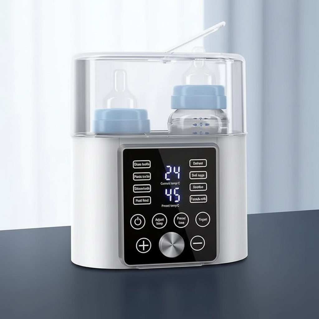 White 12-in-1 smart baby bottle warmer with digital display, two bottles, and multi-function icons.