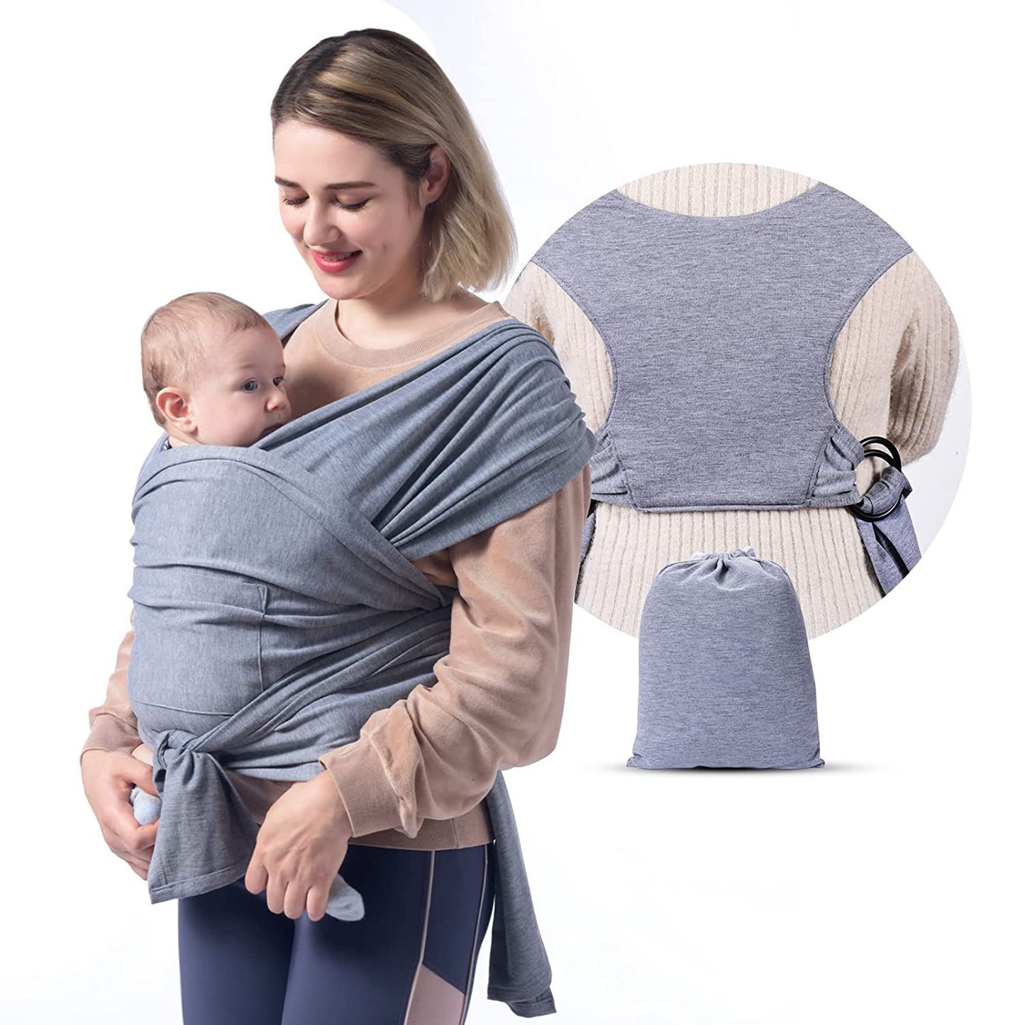 Gray ergonomic X-type cotton baby carrier wrap with a mother holding her baby, plus a folded pouch.