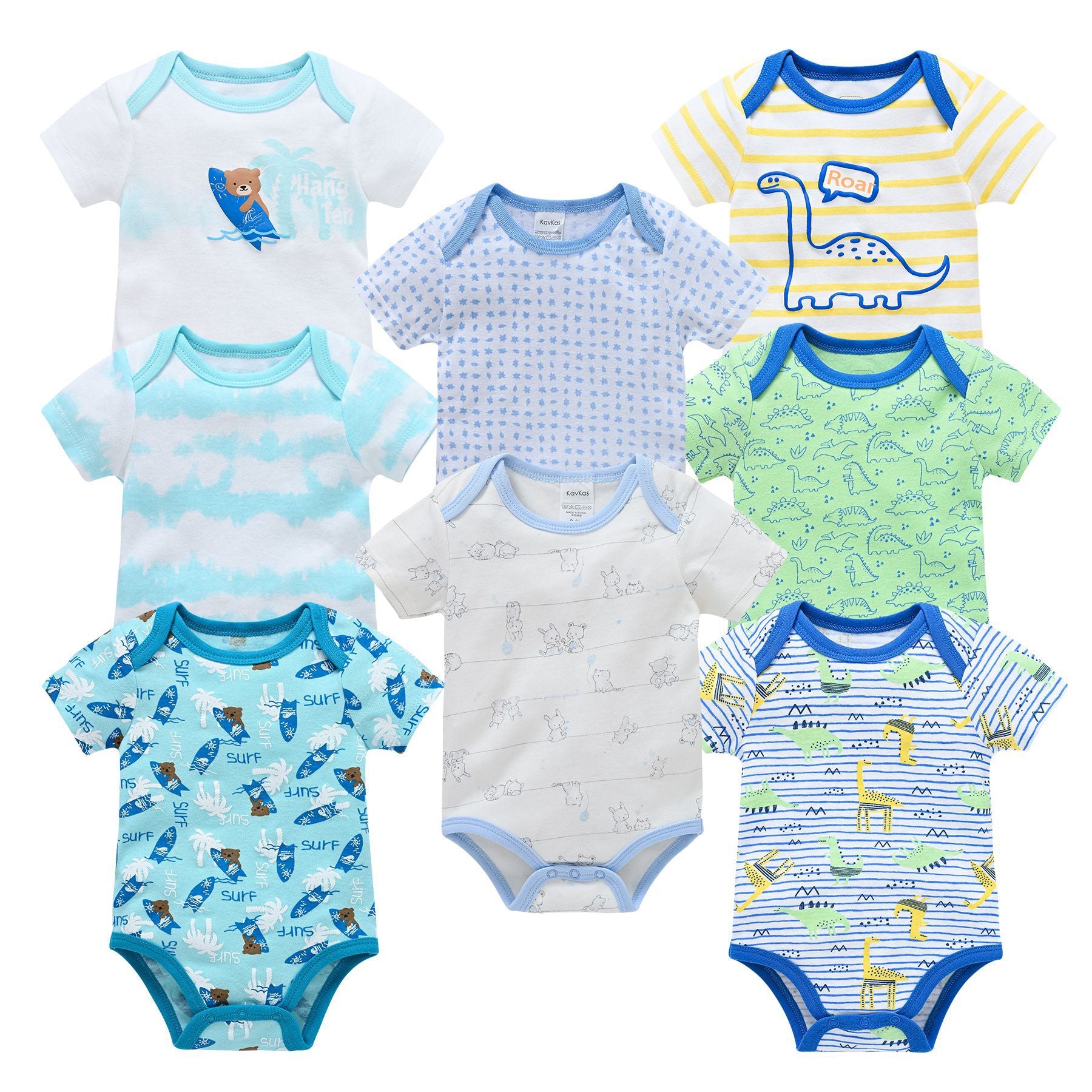 Set of 7 short-sleeve cotton baby rompers with various cartoon prints like dinosaurs, bears, and surfboards.