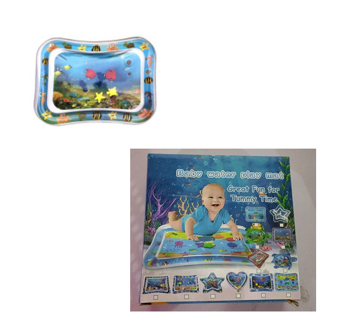 Inflatable baby water play mat with colorful floating sea creatures for tummy time.