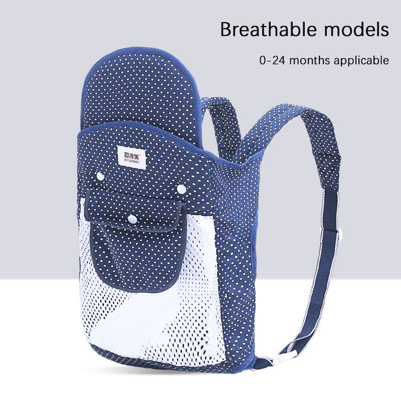 Blue polka dot breathable ergonomic baby carrier with white mesh pocket.