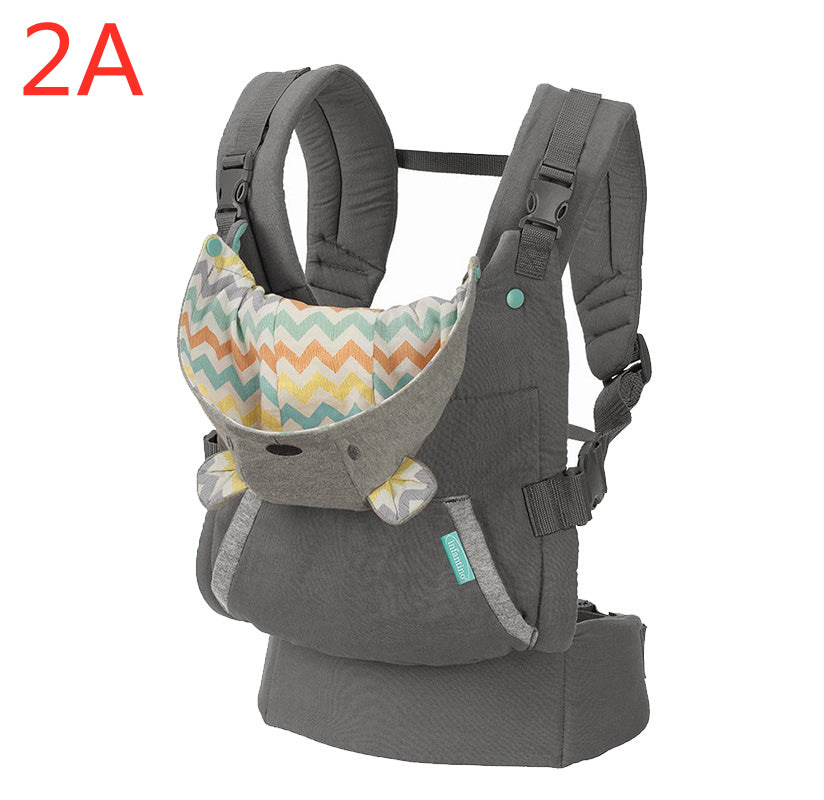 Gray ergonomic baby carrier with a colorful chevron-patterned lining and cute bear ears.