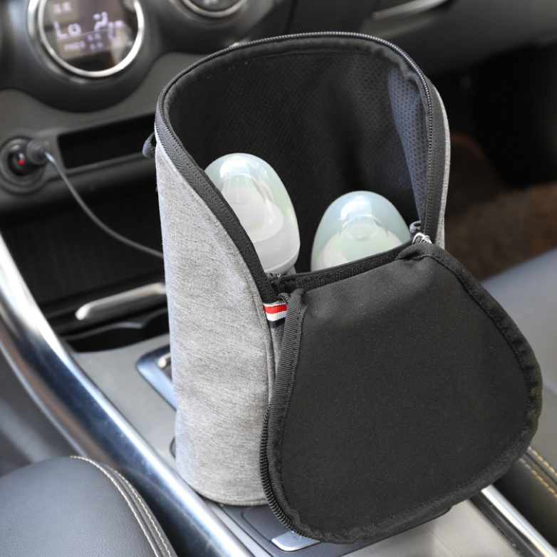 Gray portable USB car bottle warmer with two bottles, featuring a zippered oxford fabric design.