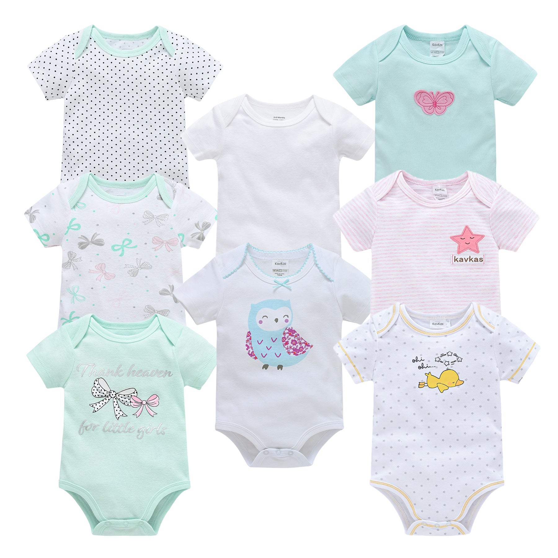 Assorted cotton short-sleeve baby bodysuits with various prints like polka dots, bows, owls, and stars.