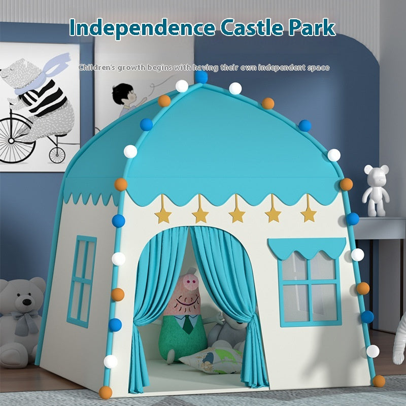 Blue and white castle play tent with LED lights, windows, and curtains for kids.