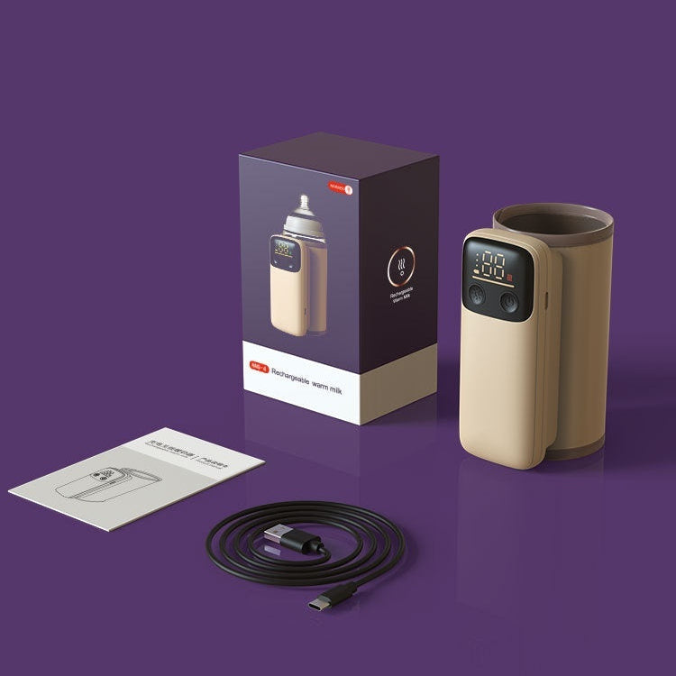 Beige portable wireless milk warmer with digital display, charging cable, and box.