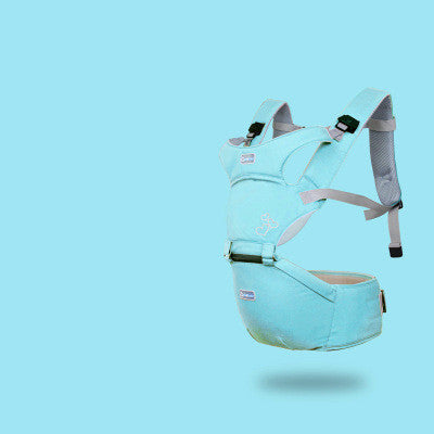 Aqua ergonomic baby carrier with supportive waist seat and adjustable straps.