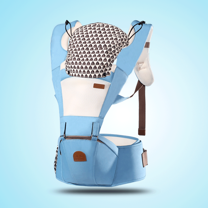 Ergonomic light blue baby carrier with patterned headrest, breathable fabric, and waist support.