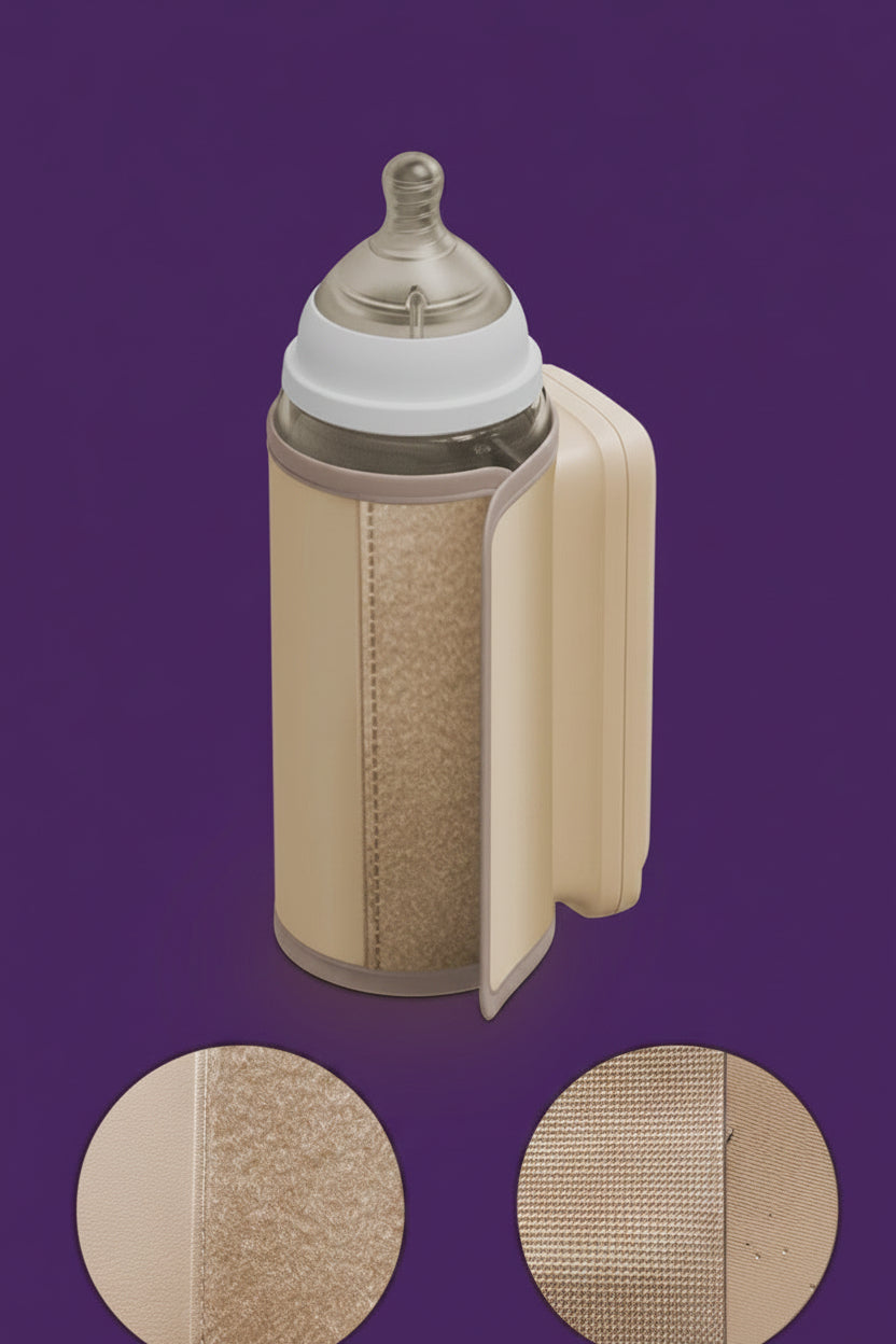 Portable beige bottle warmer with adjustable Velcro strap for various bottle sizes.