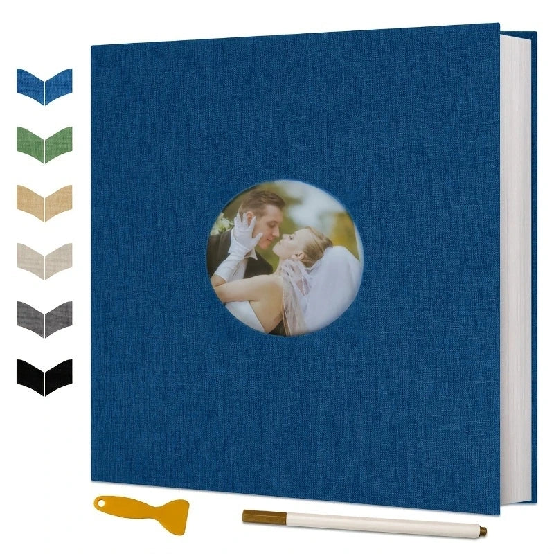 Blue linen photo album with a round cover window, showing a wedding couple, and color swatches.