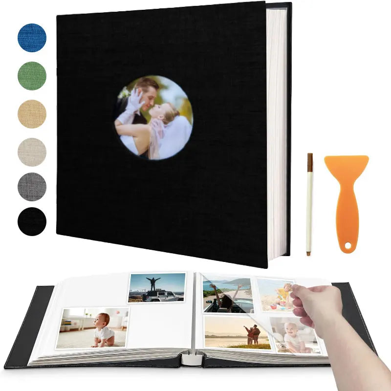 Black linen photo album with a cover window, 40 sticky pages, and accessories.