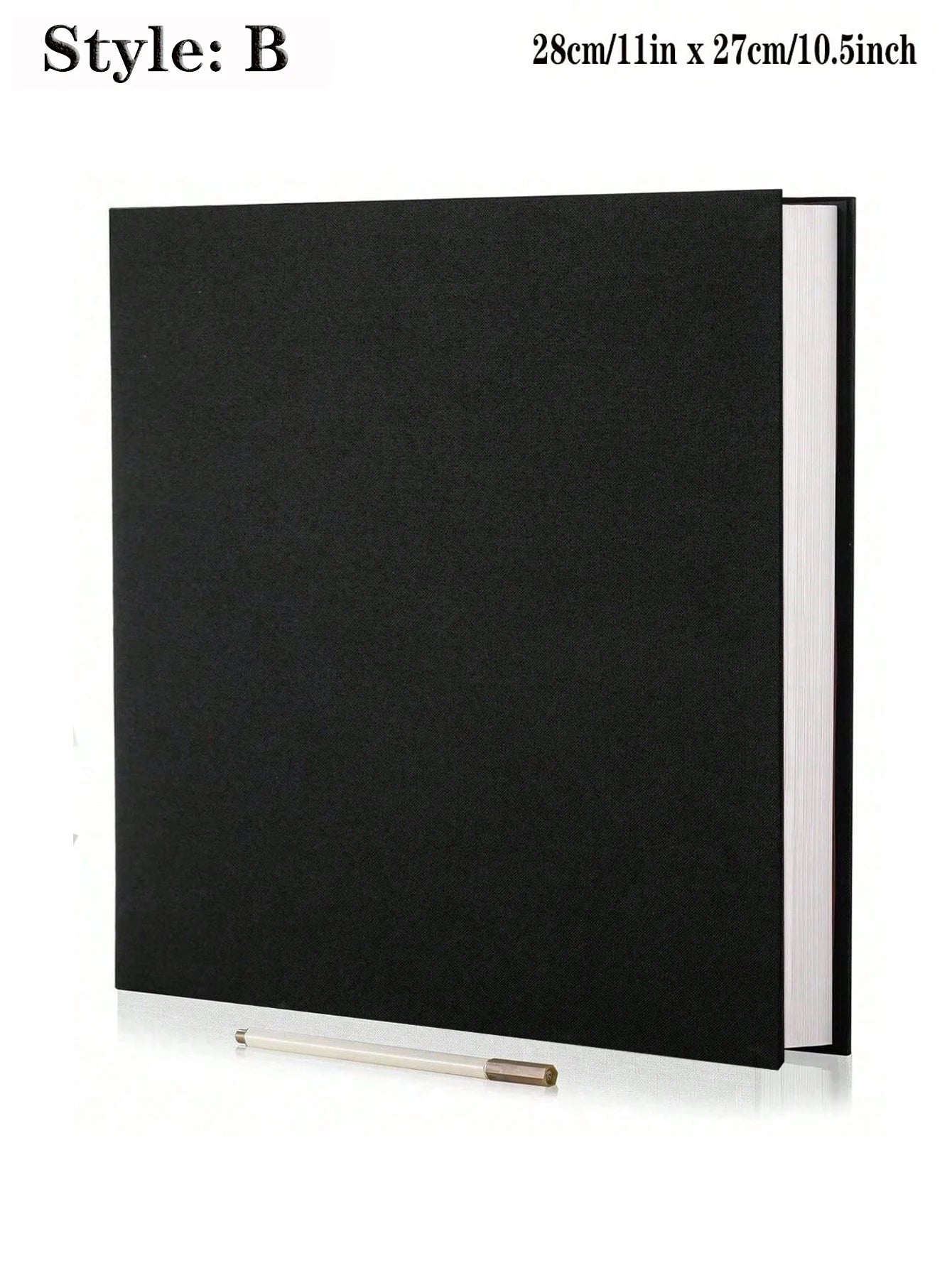 Black linen self-adhesive photo album with spiral binding, 11x10.5 inches, and a white pen.