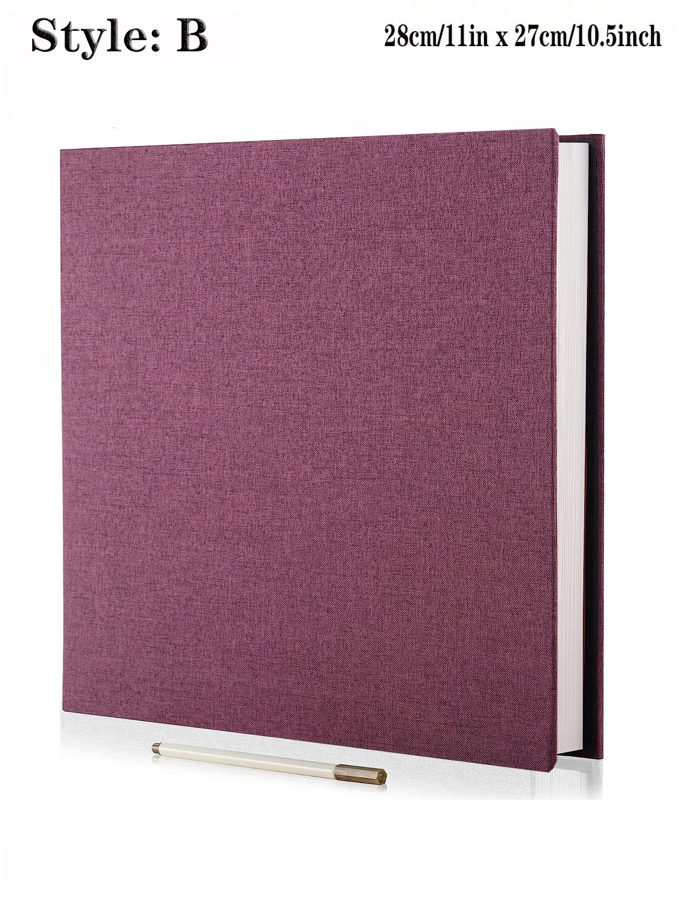 Purple linen fabric self-adhesive photo album with a white pen, 11x10.5 inches.
