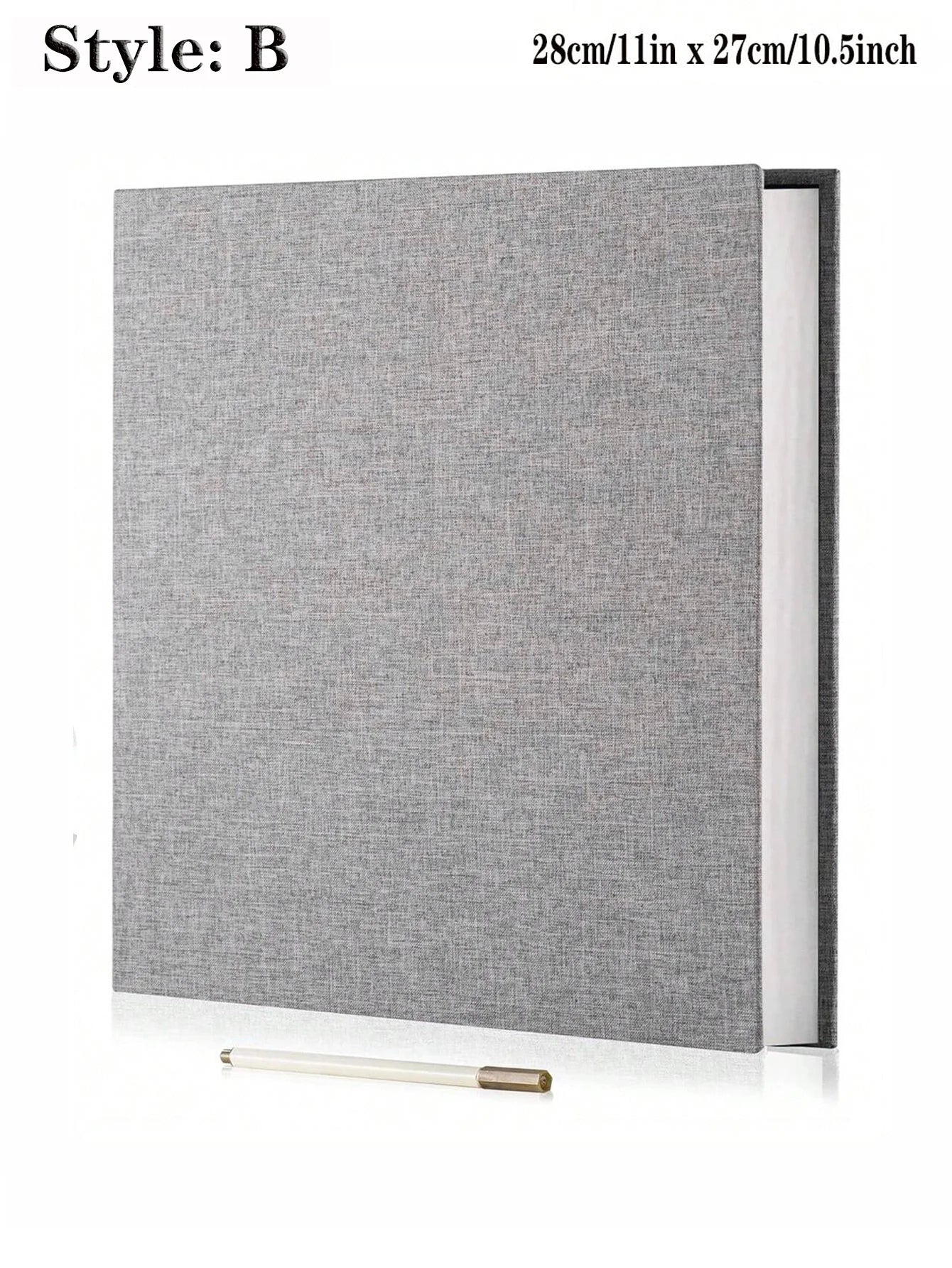Gray linen fabric photo album with spiral binding, 11x10.5 inch, featuring a white pen.