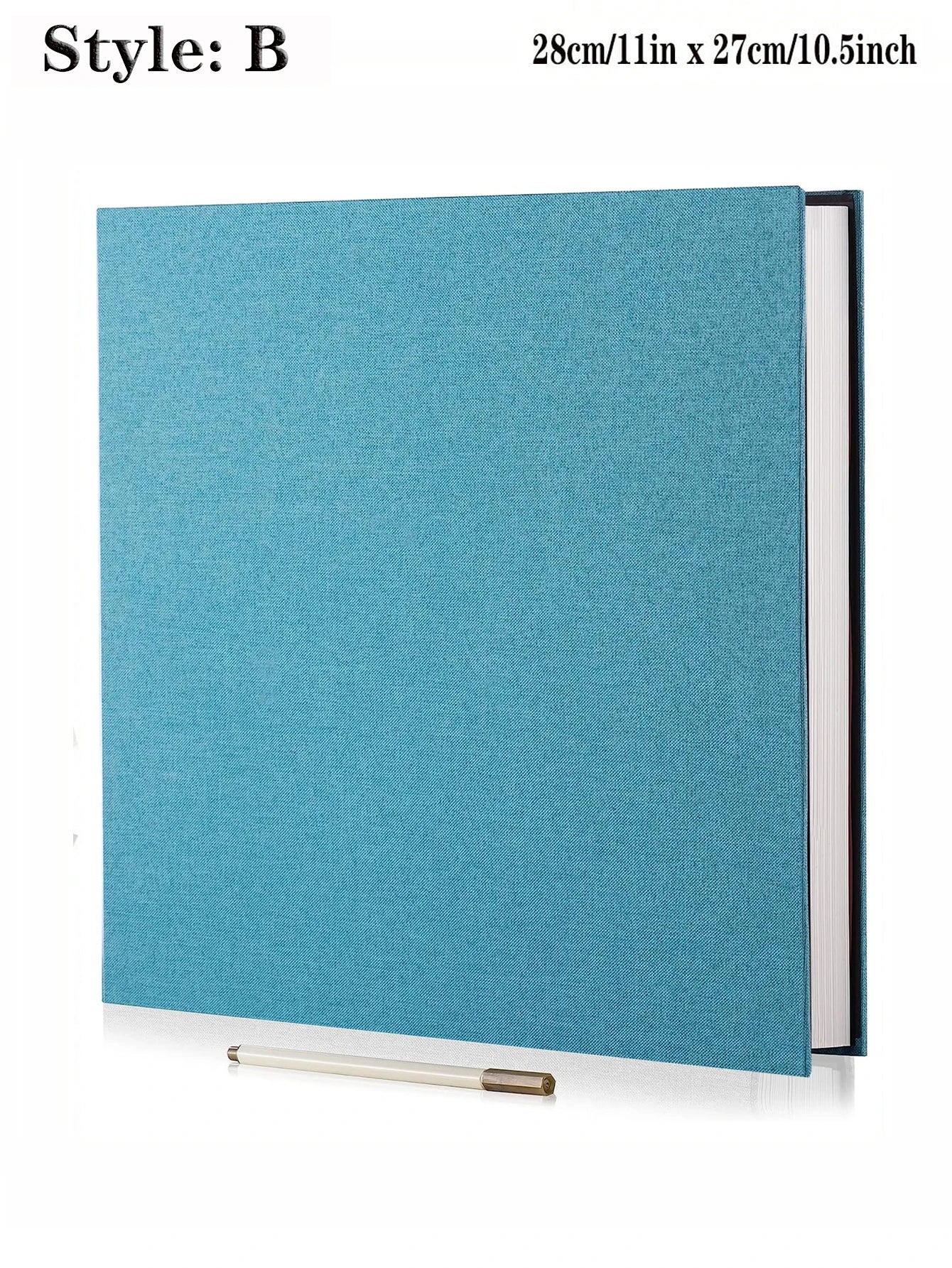 Turquoise linen fabric photo album with spiral binding, 11x10.5 inches, and a white pen.