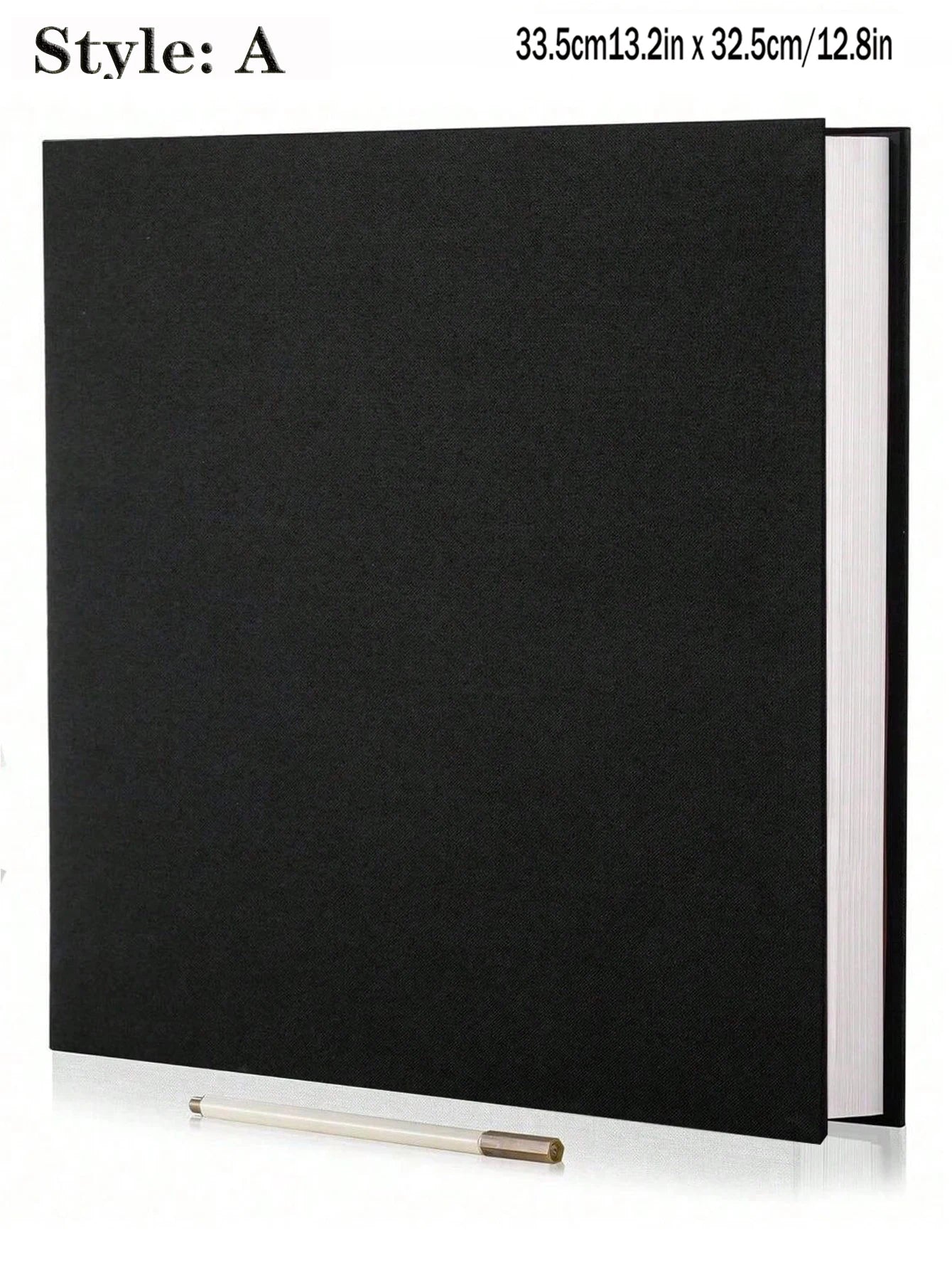 Black linen self-adhesive photo album with a thick spine, spiral bound, and a white pen.