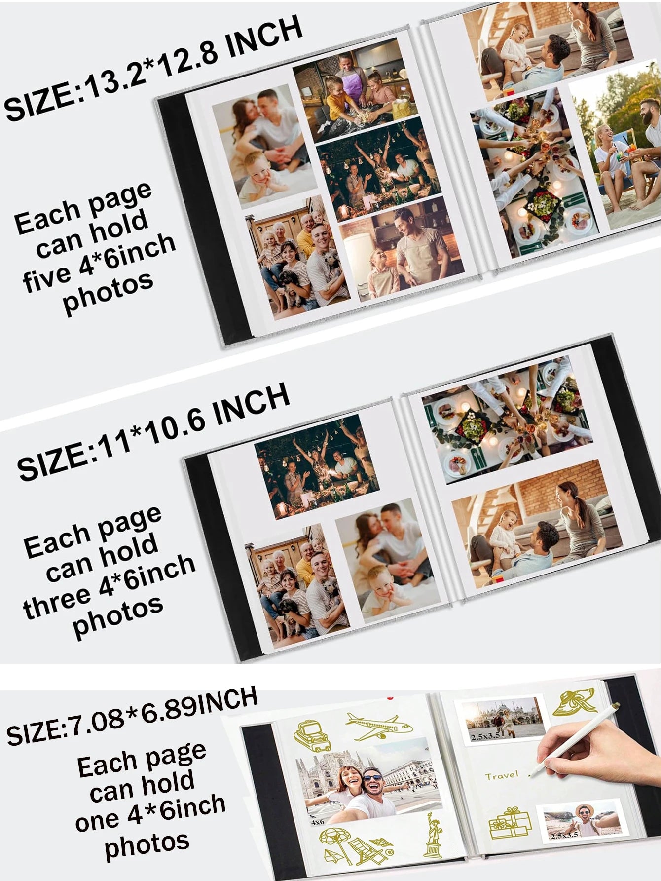 Three open black spiral photo albums showing different sizes and photo layouts.