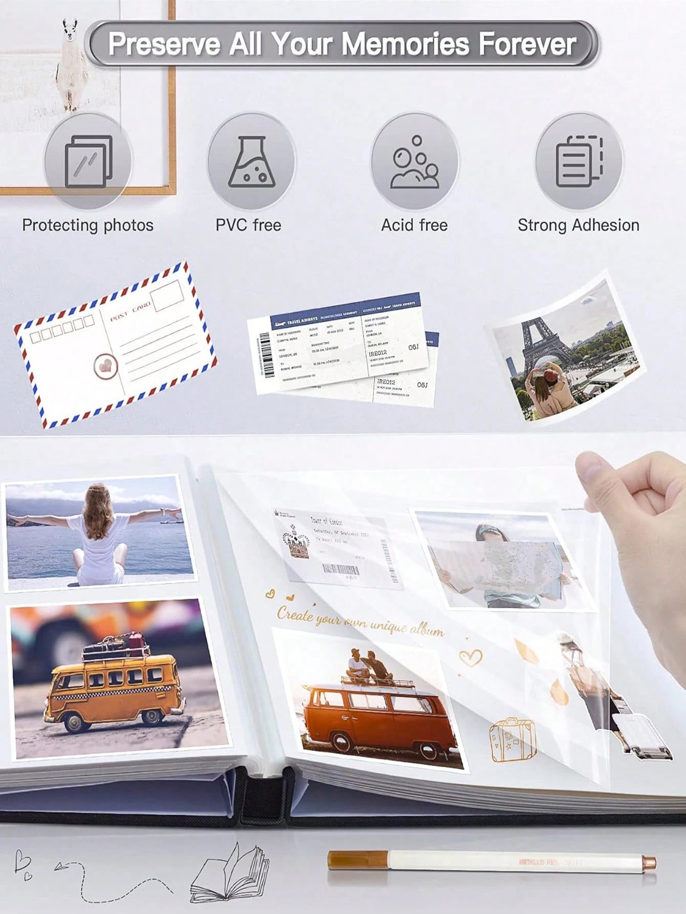 Open linen photo album with self-adhesive pages, displaying various travel photos and postcards.